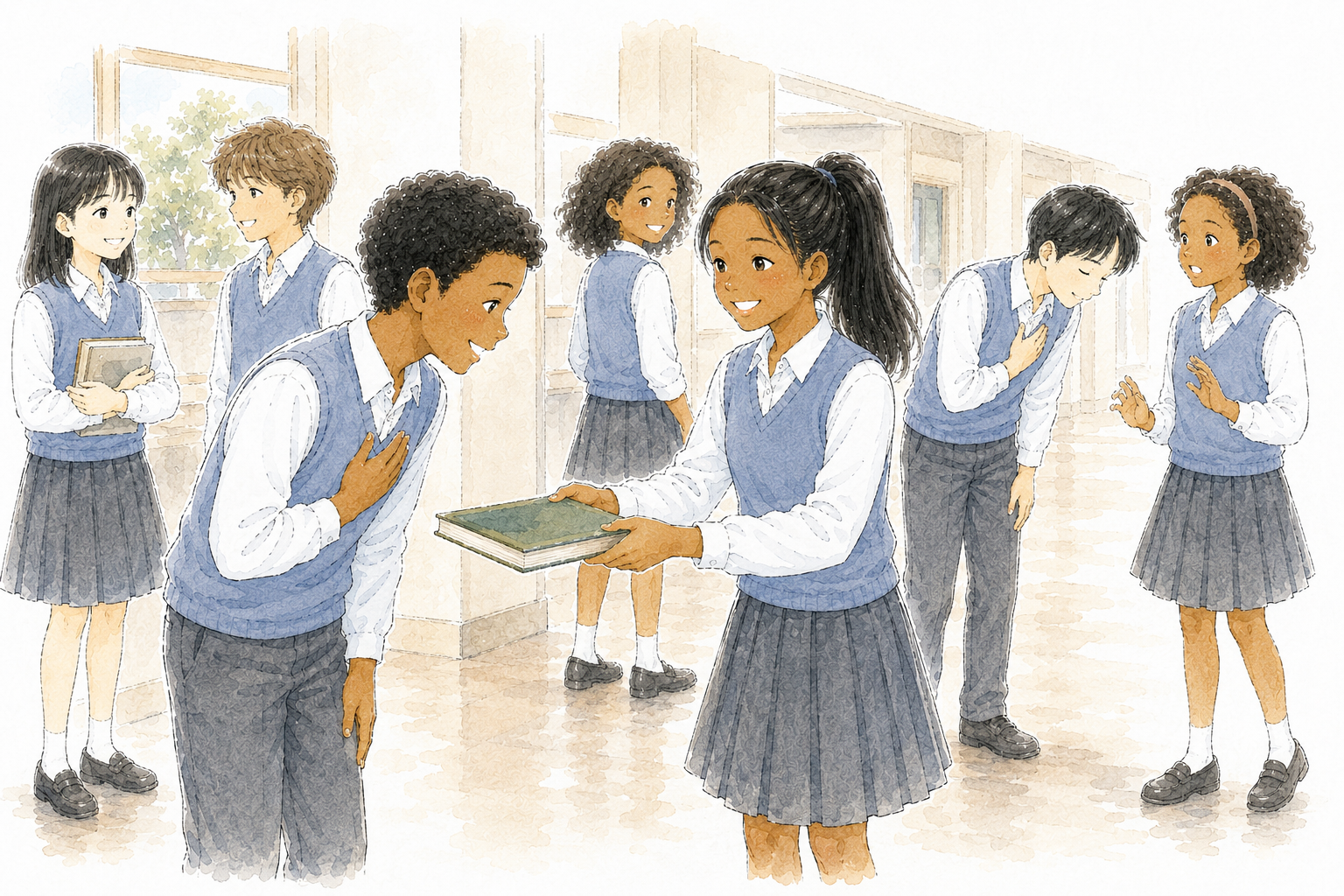 Des élèves se remercient et s’excusent à l’école.