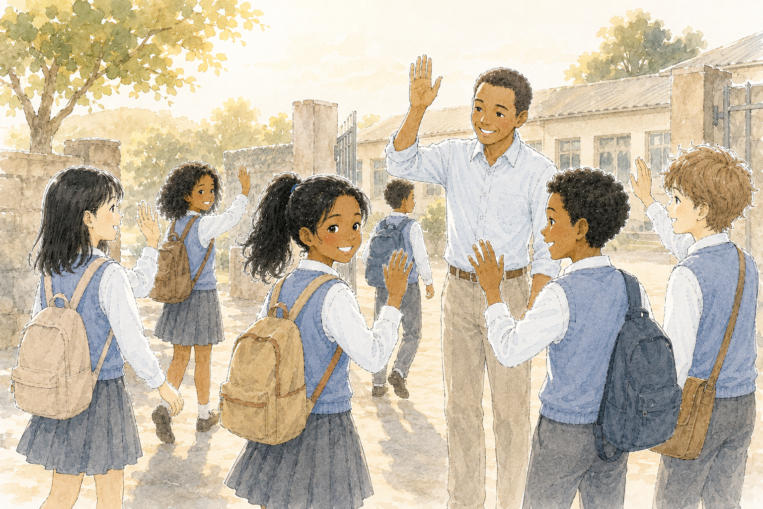 Des élèves prennent congé à la fin du cours.