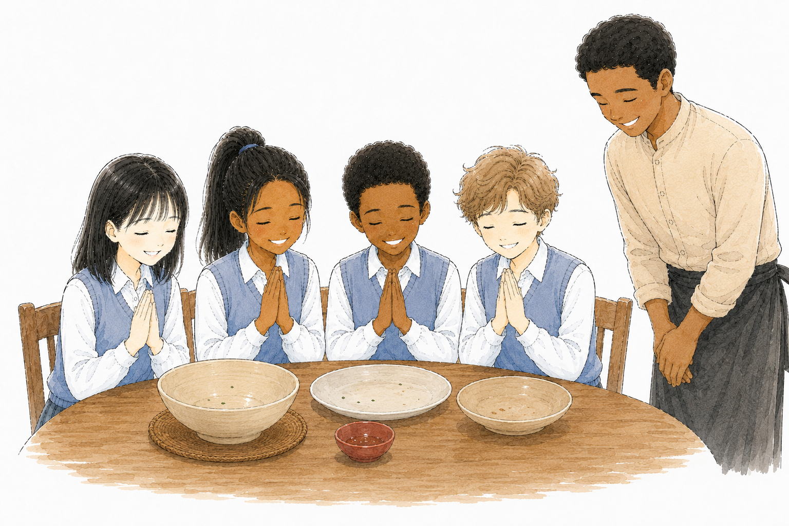 Le repas est fini ; les amis remercient, le serveur sourit.